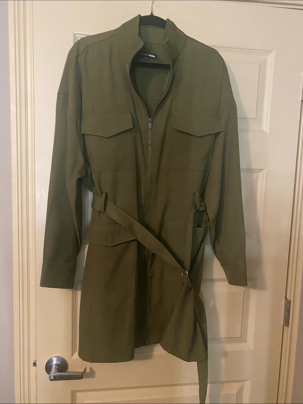 Fashion Nova Olive Utility Zip-Up Jacket with Self Tie Belt